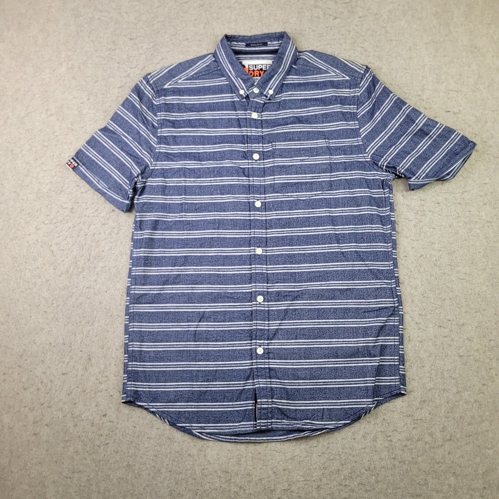 Super Dry Premium Goods Shirt Mens M Blue‎ Striped Short Sleeve Button Down Reg